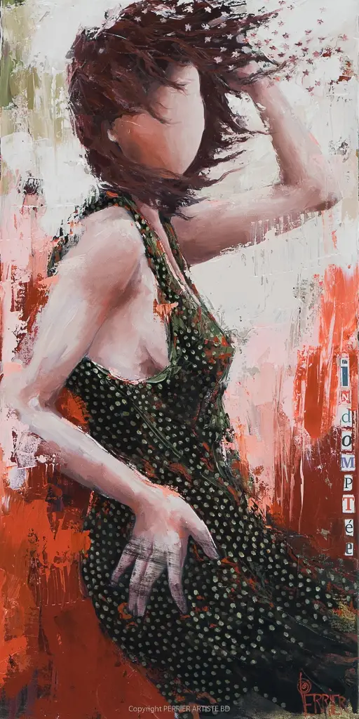 painting of a woman in a black dotted dress