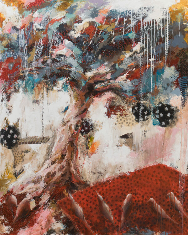 peinture d'un arbre très coloré avec des oiseaux