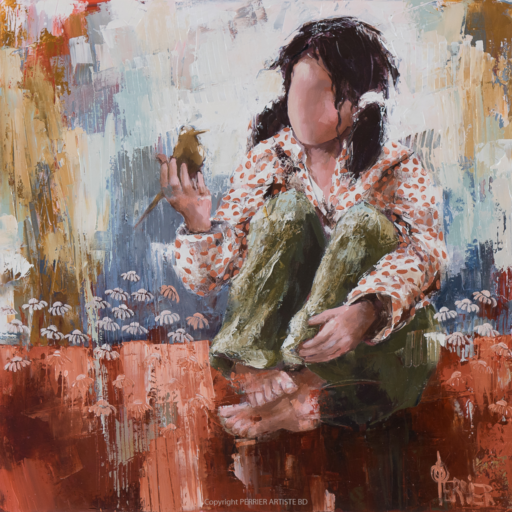 A painting of a girl holding a bird