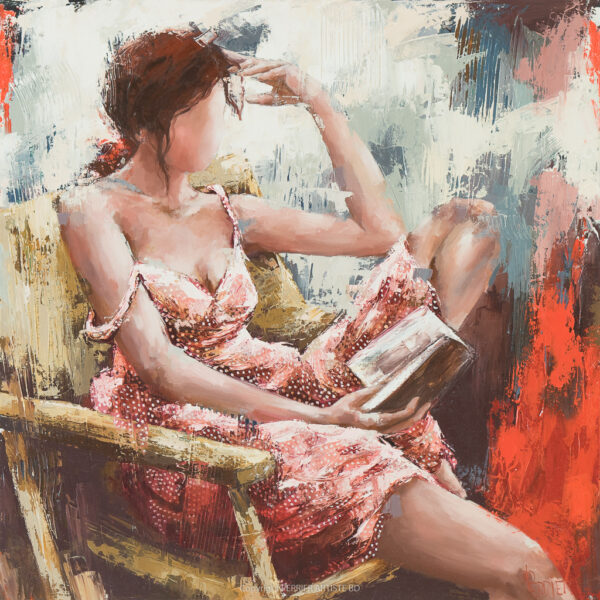 "Instant de lecture capturé par Patricia Perrier : une silhouette en robe rose, immergée dans un univers de couleurs et de textures, entre douceur et énergie créative."