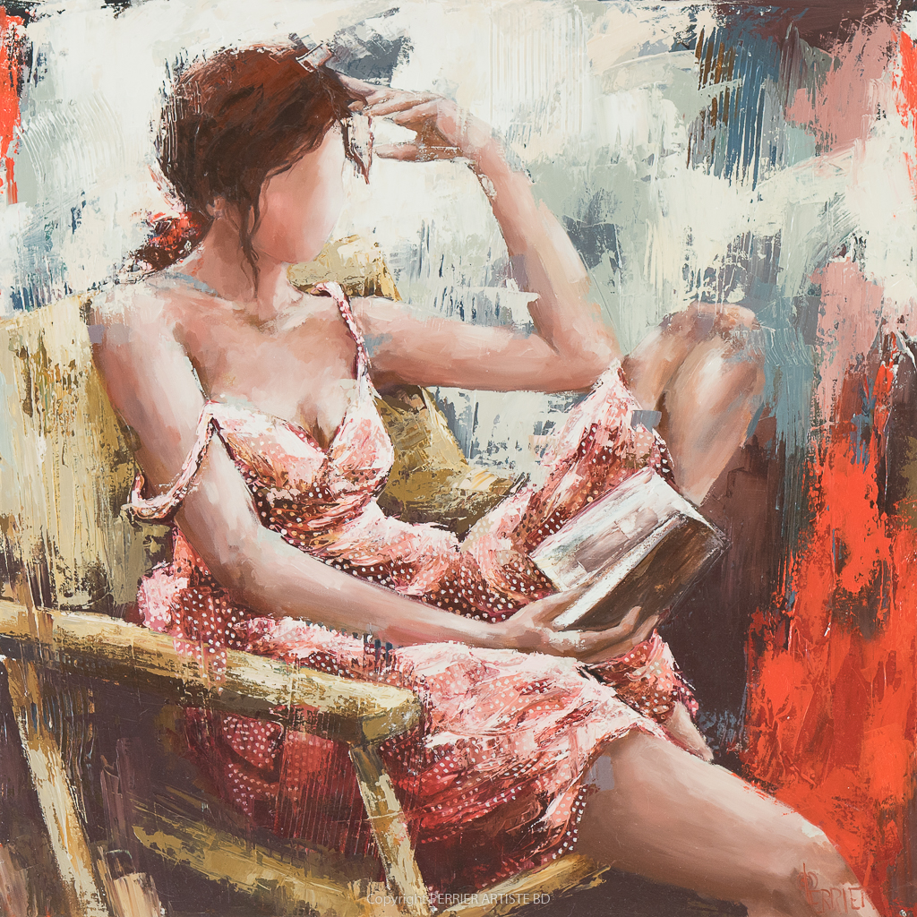 "Instant de lecture capturé par Patricia Perrier : une silhouette en robe rose, immergée dans un univers de couleurs et de textures, entre douceur et énergie créative."